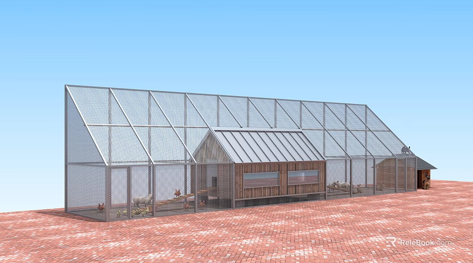 Glass Greenhouse Structure With Wooden Chicken Coop And Brick Ground Area 3d model 