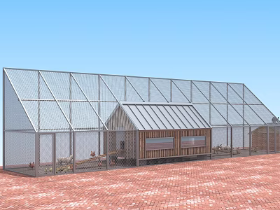 Glass Greenhouse Structure With Wooden Chicken Coop And Brick Ground Area 3d model