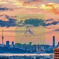 Cartoon Seaside Scene with Futuristic Buildings of Unique Shapes on Water Platforms and Sunset Sky