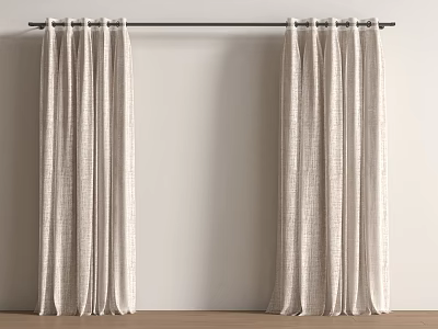 Neutral Linen Curtains With Soft Texture Hanging On Rod Against White Wall And Wooden Floor 3d model