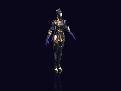 Game And Movie Character In Ornate Black Gold Armor With Helmet Blue Gloves 3d model