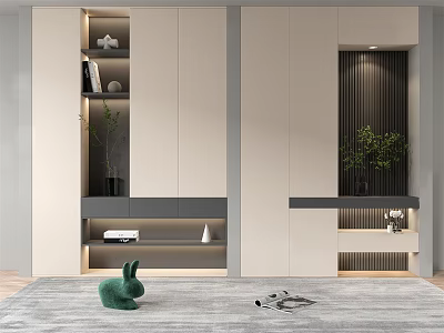 Modern Shoe Cabinet Design With Lighting Decorations Green Plants And Gray Rug 3d model