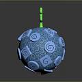 Shiny Blue Decorative Sphere With Spiral Patterns And Green Curved Stem On Dark Surface