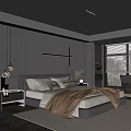 Modern Bedroom Interior Design With Dark Wall Cross Shaped Light Large Bed And Bedding