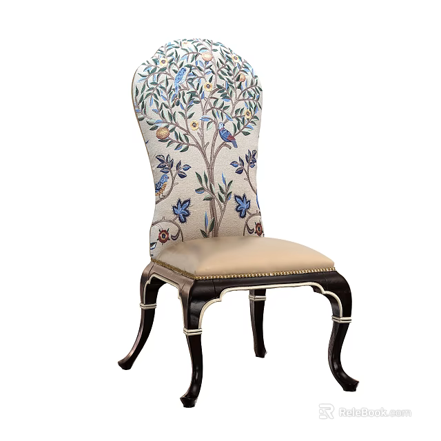 Elegant Dining Chair With Embroidered Floral Tree Branch Backrest Beige Seat And Dark Carved Legs 3d model 