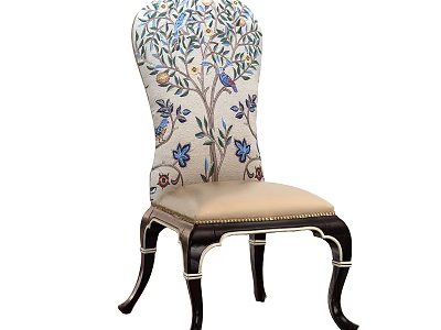 Elegant Dining Chair With Embroidered Floral Tree Branch Backrest Beige Seat And Dark Carved Legs 3d model