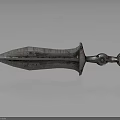 Ancient Rusted Metal Sword With Ornate Hilt And Engraved Blade Surface