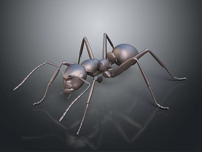 Ant as Metallic 3D Model With Shiny Surface And Reflection On Dark Background 3d model