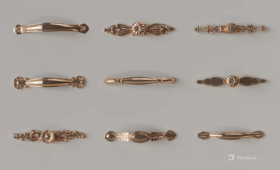 Different Styles Of Decorative Brass Drawer Pulls With Ornate And Modern Designs 3d model 