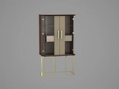 Modern Dark Wood Wine Cabinet With Glass Doors And Gold Metal Legs 3d model