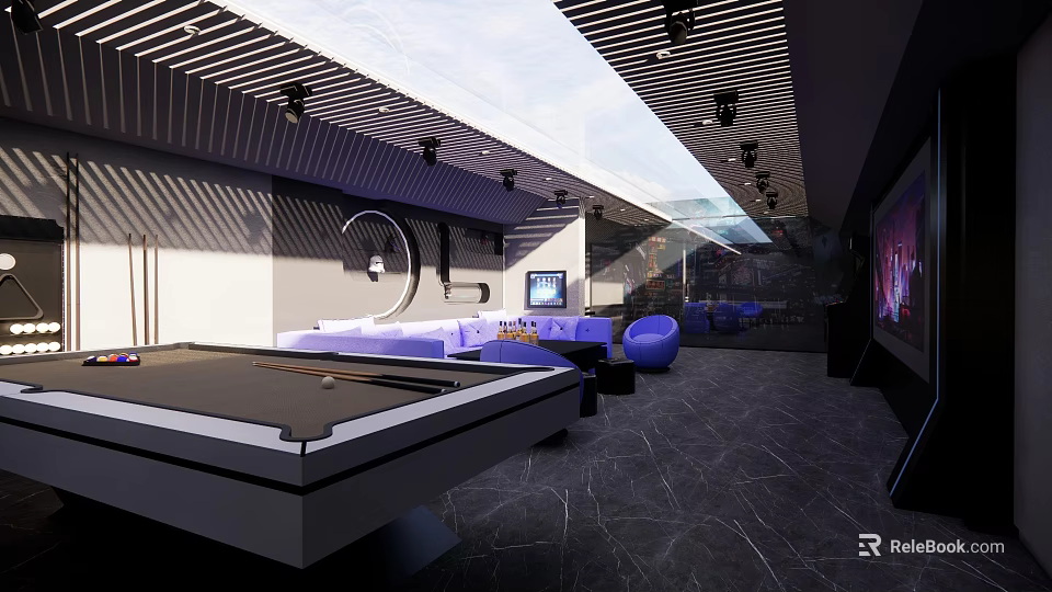 Modern KTV Interior With Billiard Table Sofa Blue Chairs And TV Screen 3d model 
