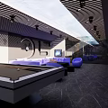 Modern KTV Interior With Billiard Table Sofa Blue Chairs And TV Screen