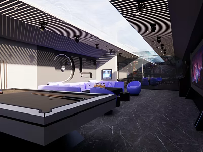 Modern KTV Interior With Billiard Table Sofa Blue Chairs And TV Screen 3d model