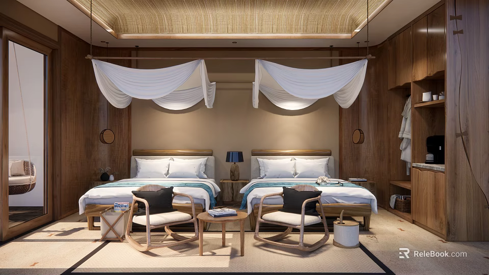 Cozy Hotel Guest Room With Twin Beds Wooden Decor White Canopies And Nightstands 3d model 