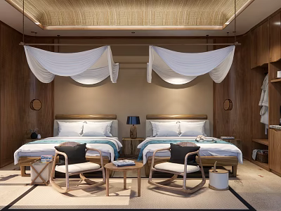 Cozy Hotel Guest Room With Twin Beds Wooden Decor White Canopies And Nightstands 3d model