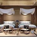 Cozy Hotel Guest Room With Twin Beds Wooden Decor White Canopies And Nightstands