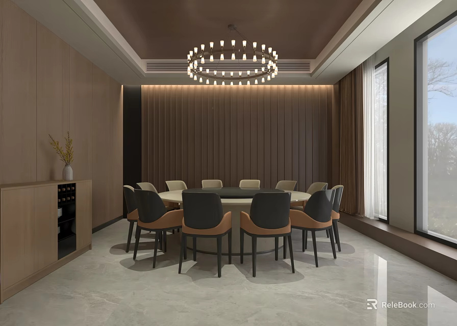 Elegant Private Dining Room With Round Table Wooden Walls Chandelier Wine Cabinet And Large Windows 3d model 