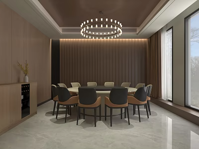 Elegant Private Dining Room With Round Table Wooden Walls Chandelier Wine Cabinet And Large Windows 3d model