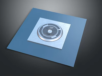 Blue Square Plate With Silver Circular Element On Dark Background And Smooth Finish 3d model