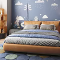 Cozy Kids Room Interior With Blue Wall Clouds Stars Moon Murals Brown Bed Wooden Bookshelf Rug