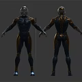 Humanoid Characters In Blue And Gold Armor With Front Back Views 3d model