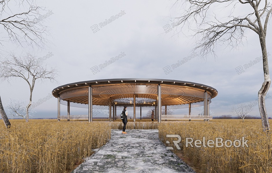 New Chinese Style Pavilion Curved Corridor Curved Landscape Structure Curved Sloping Roof Landscape Pavilion Catering Architecture Paddy Field Post Station model