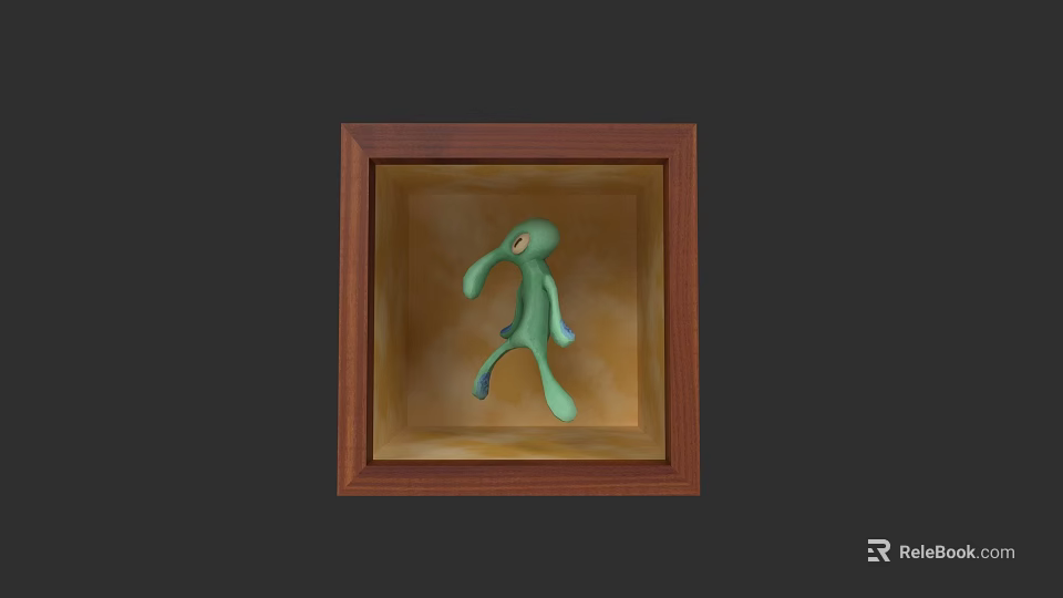 Oil Painting Of Green Creature Inside Wooden Frame With Yellow Background 3d model 
