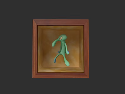 Oil Painting Of Green Creature Inside Wooden Frame With Yellow Background 3d model