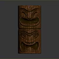 Natural Landscape Featuring Wooden Totem Pole With Two Stacked Face Carvings And Reflection