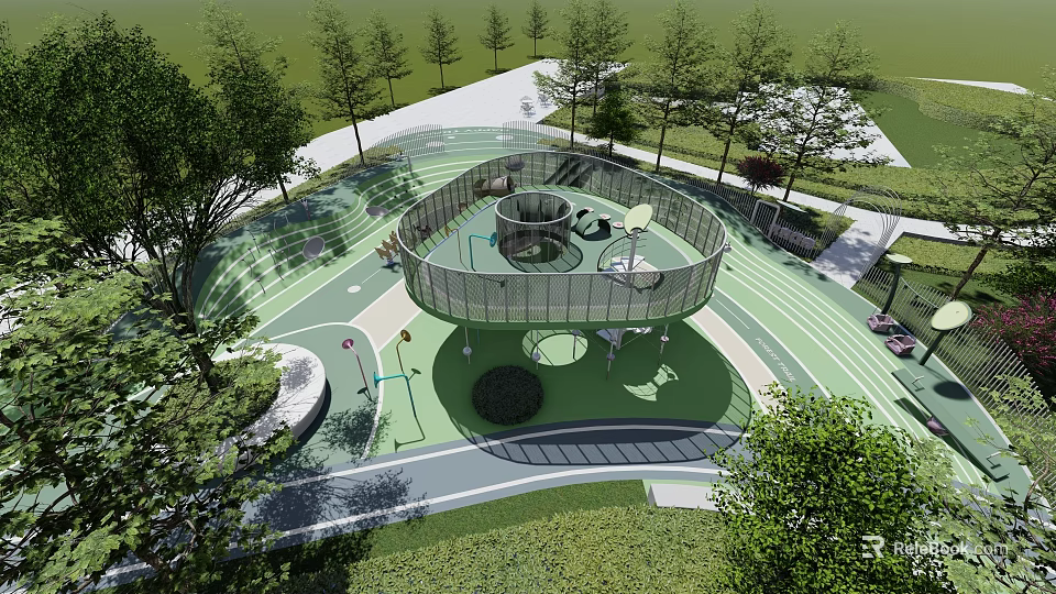 Tree Surrounded Circular Children's Playground With Green Surface And Outdoor Play Facilities 3d model 