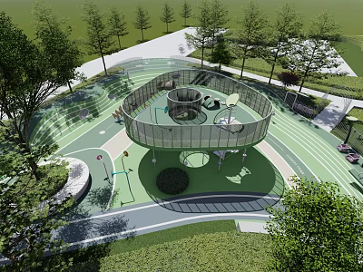 Tree Surrounded Circular Children's Playground With Green Surface And Outdoor Play Facilities 3d model