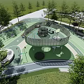 Tree Surrounded Circular Children's Playground With Green Surface And Outdoor Play Facilities