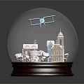 Snow Globe With Small Houses Tower Airplane And Snowflakes On Wooden Base
