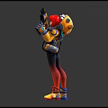 Red Haired Character and Fish Shaped Creature in Vibrant Yellow Blue Outfits Holding Blasters Standing