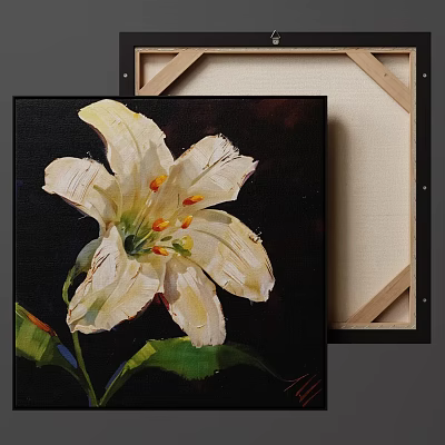 White Lily Plant Painting on Black Canvas with Textured Brushstrokes and Green Leaves 3d model