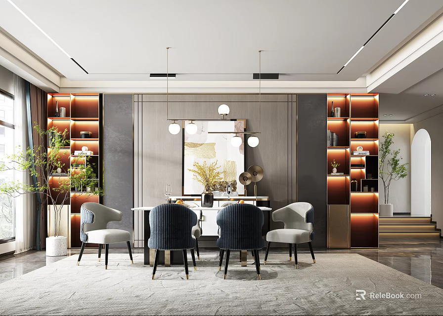 Luxurious Modern Restaurant Interior With Dining Table Chairs And Decorative Shelves 3d model 