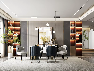 Luxurious Modern Restaurant Interior With Dining Table Chairs And Decorative Shelves 3d model
