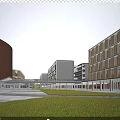 Modern School Buildings With Red Brick Exteriors Campus Square Green Lawns And Students Gathering