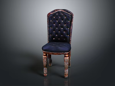 Luxurious Tufted Chair With Deep Blue Upholstery And Ornate Carved Wooden Legs 3d model