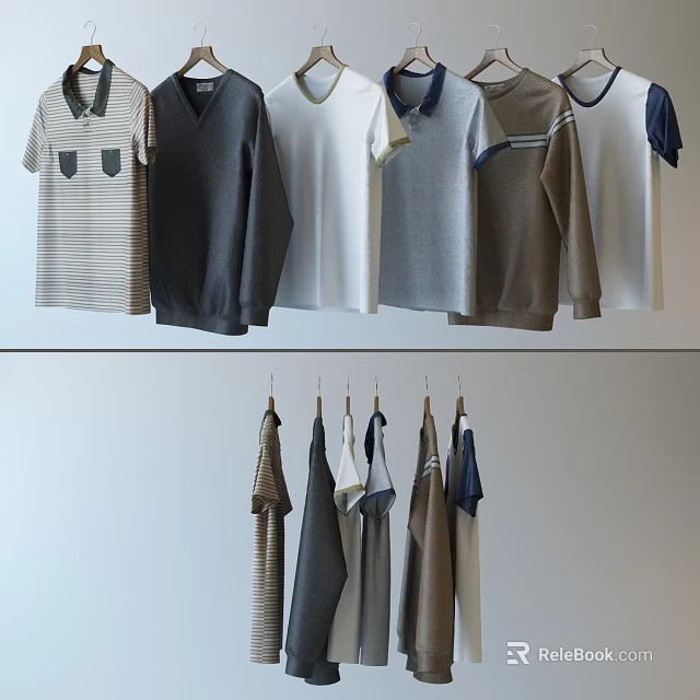 Striped Polo and V Neck Hanging Clothes with Pockets and Colorful Trims on Hangers 3d model 