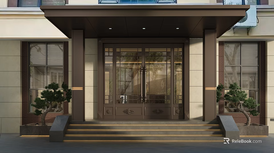 Modern Main Entrance Door with Glass Panels Metal Frame Carved Details and Front Steps 3d model 