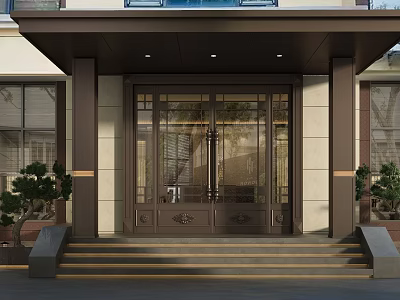 Modern Main Entrance Door with Glass Panels Metal Frame Carved Details and Front Steps 3d model