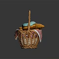 Wicker Basket Filled With Fresh Croissants Blue Frosted Donut And Patterned Cloth