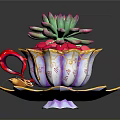 Decorative Colorful Cup With Saucer Holding Green Pink Succulent Plant And Red Pebbles