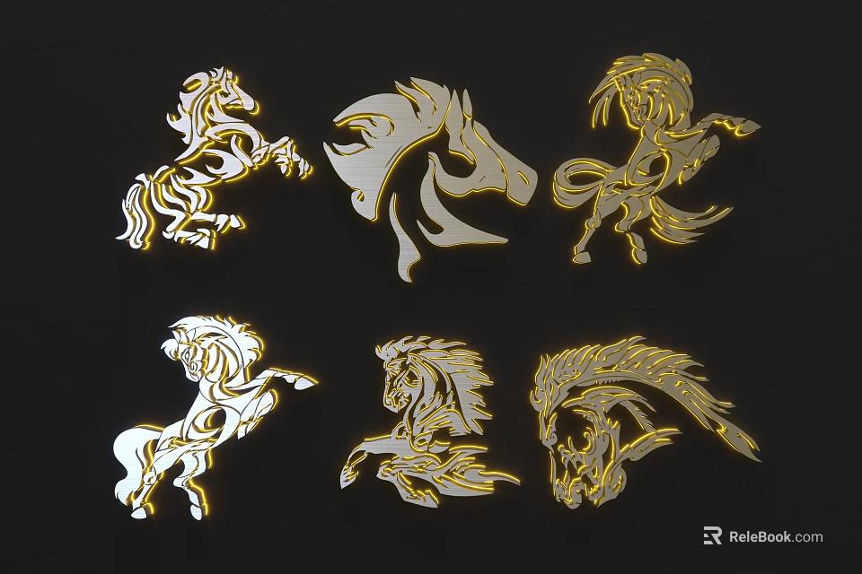 Golden Horse Themed Wall Decor With Various Poses And Decorative Design 3d model 
