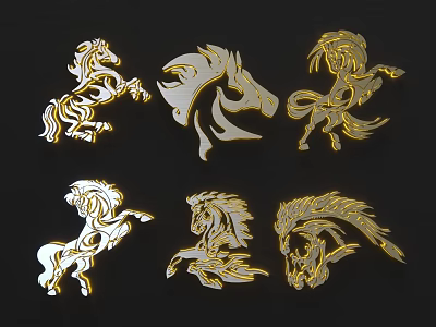 Golden Horse Themed Wall Decor With Various Poses And Decorative Design 3d model