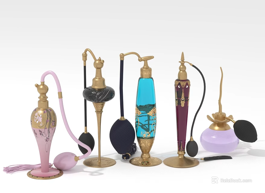Vintage Decorative Perfume Bottles With Ornate Gold Accents And Colorful Designs 3d model 