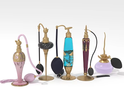 Vintage Decorative Perfume Bottles With Ornate Gold Accents And Colorful Designs 3d model