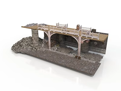 Detailed Bridge Model Structure With Stone Piers Wooden Deck Railings And Rubble 3d model