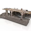 Detailed Bridge Model Structure With Stone Piers Wooden Deck Railings And Rubble